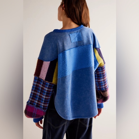 We The Free Easy On Me Pullover Patchwork Top Sz XS Blue Multicolor Cozy Style - Picture 3 of 13